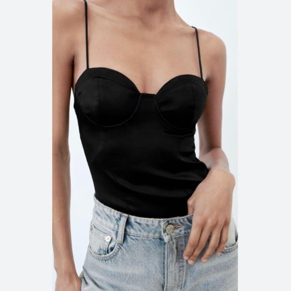 ZARA Black Corset Cups Satin Effect Black Bodysuit - Picture 3 of 5